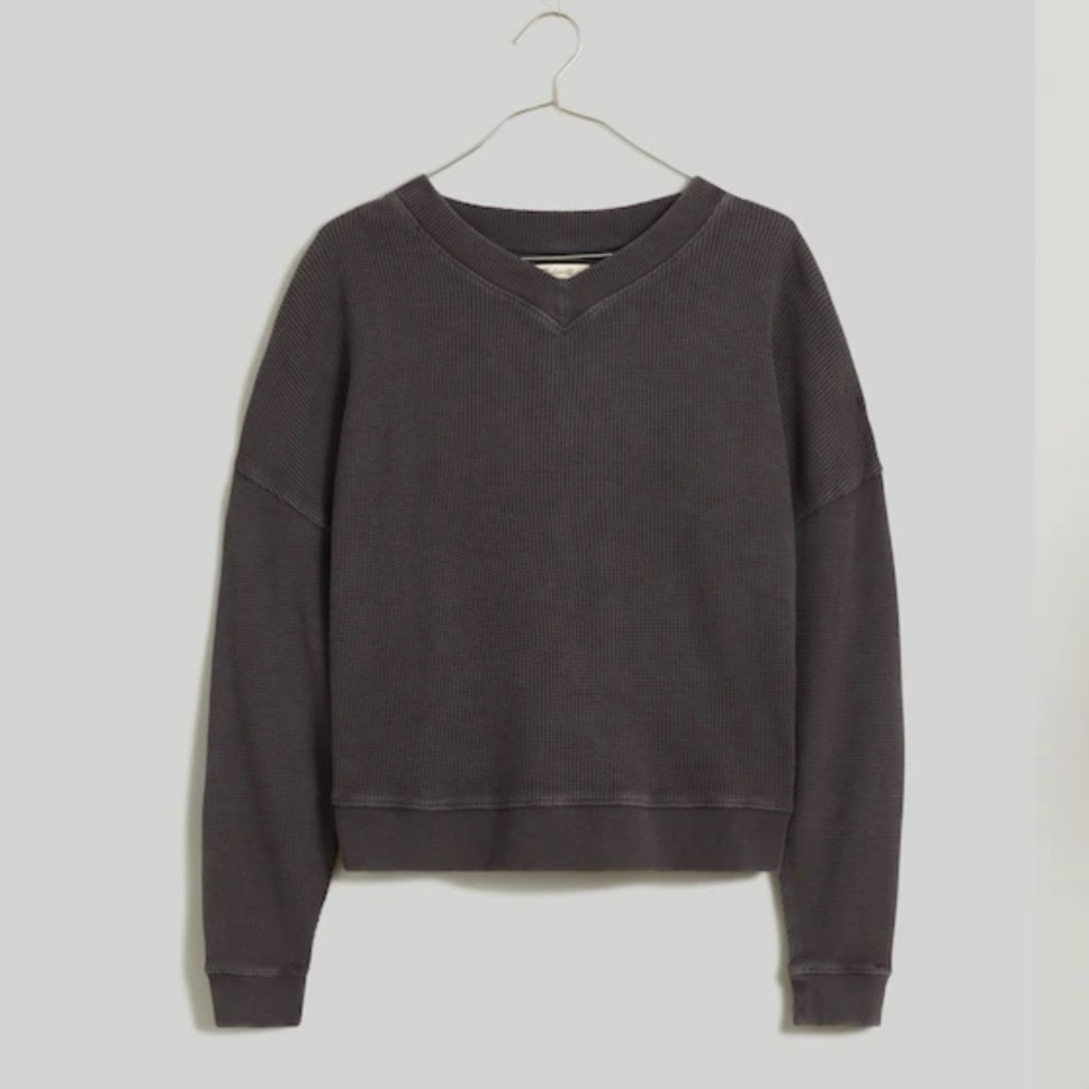 Madewell Women’s Waffle Knit Thermal Boxy Sweatshirt Tee Black Coal Small